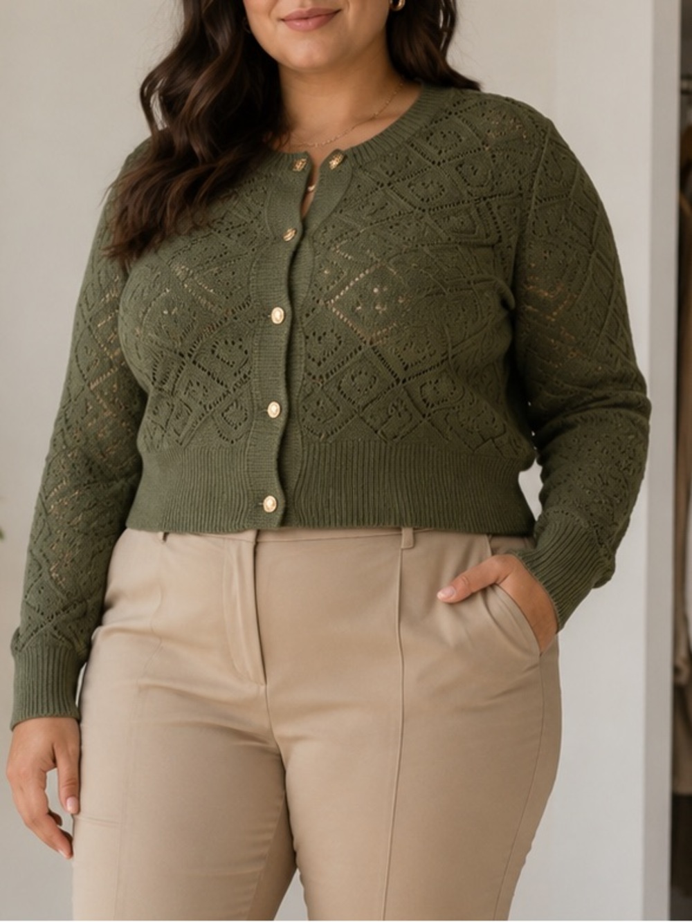 Olive Green Openwork Knit Cardigan Sweater